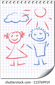 Vector cartoon romantic couple. Sketch on notebook page
