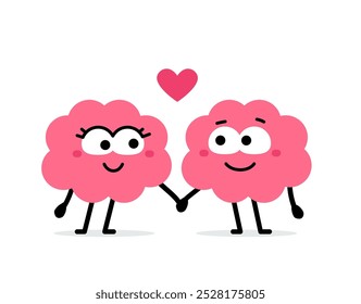 Vector cartoon romantic illustration of cute happy in love brain character hold each other hand on white color background. Flat doodle style design of smile brain with heart for valentine day banner