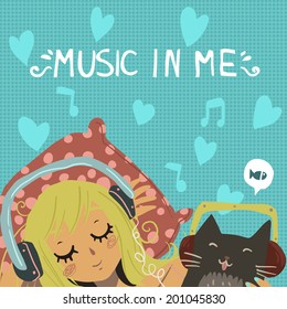 Vector cartoon romantic illustration of young girl with cute funny cat listening music in headphones. For ui, web games, tablets, wallpapers, and patterns.