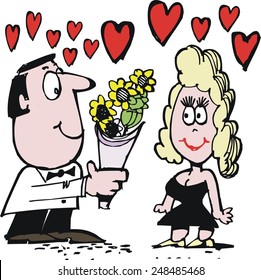 Vector cartoon of romantic man giving flowers to woman