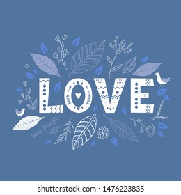 Vector cartoon romantic scandinavian style postcard temlate, card with text. Folk love card, doodle art. Flat illustration with leaf and bird. Can use for postcard, banner, valentine card, invitation.
