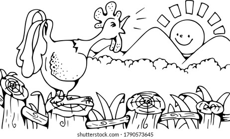 vector cartoon Rooster crowing in the morning