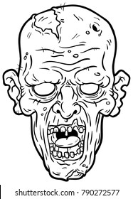 Vector Cartoon Rotting Zombie Head Line Art