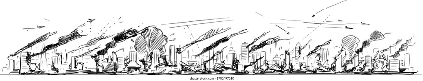 Vector cartoon rough and sketchy drawing conceptual illustration of long horizontal city skyline in war,attack or disaster, high commercial and residential buildings in smoke and fire.