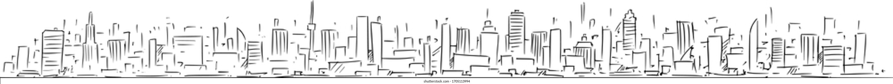 Vector Cartoon Rough And Sketchy Drawing Conceptual Illustration Of Long Horizontal City Skyline, With High Commercial And Residential Buildings And Skyscrapers.