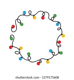 Vector cartoon round frame of tangled wire with colorful christmas lights.