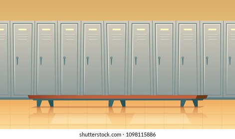 Vector Cartoon Row Of Individual Lockers Or Changing Room For Football, Basketball Team Or Workers. Dressing Of Sports, Work Uniform, Training Equipment Or Athletic Costume. School Gym, Background