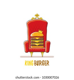 vector cartoon royal king burger with cheese and golden crown sitting on the throne isolated on white. Gourmet burger, hamburger, cheeseburger label design element. burger house logo menu concept