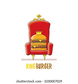 vector cartoon royal king burger with cheese and golden crown sitting on the throne isolated on white. Gourmet burger, hamburger, cheeseburger label design element. burger house logo menu concept