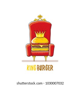 vector cartoon royal king burger with cheese and golden crown sitting on the throne isolated on white. Gourmet burger, hamburger, cheeseburger label design element. burger house logo menu concept