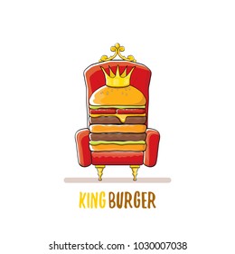vector cartoon royal king burger with cheese and golden crown sitting on the throne isolated on white. Gourmet burger, hamburger, cheeseburger label design element. burger house logo menu concept