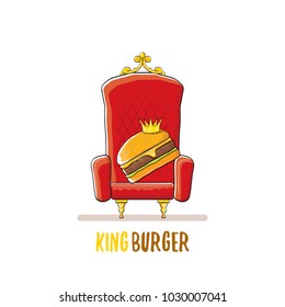 vector cartoon royal king burger with cheese and golden crown sitting on the throne isolated on white. Gourmet burger, hamburger, cheeseburger label design element. burger house logo menu concept