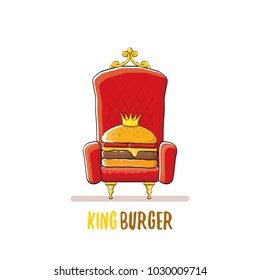 vector cartoon royal king burger with cheese and golden crown sitting on the throne isolated on white. Gourmet burger, hamburger, cheeseburger label design element. burger house logo menu concept