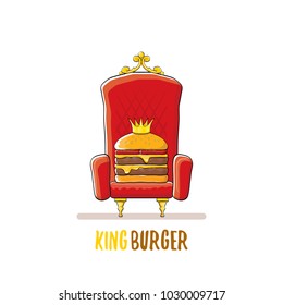 vector cartoon royal king burger with cheese and golden crown sitting on the throne isolated on white. Gourmet burger, hamburger, cheeseburger label design element. burger house logo menu concept