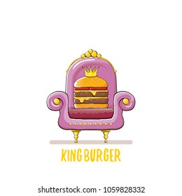 vector cartoon royal king burger with cheese and golden crown sitting on the purple throne isolated on white. burger, hamburger, cheeseburger label design element. burger house logo menu concept