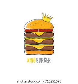 vector cartoon royal king burger with cheese and golden crown icon isolated on white background. Gourmet burger, hamburger, cheeseburger label design element. Fast food or burger house logo concept