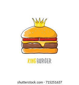 vector cartoon royal king burger with cheese and golden crown icon isolated on white background. Gourmet burger, hamburger, cheeseburger label design element. Fast food or burger house logo concept
