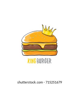 vector cartoon royal king burger with cheese and golden crown icon isolated on white background. Gourmet burger, hamburger, cheeseburger label design element. Fast food or burger house logo concept