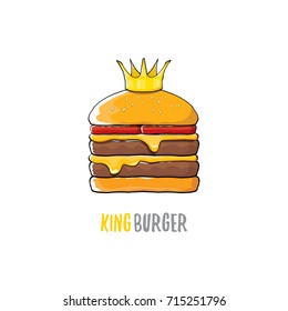 vector cartoon royal king burger with cheese and golden crown icon isolated on white background. Gourmet burger, hamburger, cheeseburger label design element. Fast food or burger house logo concept