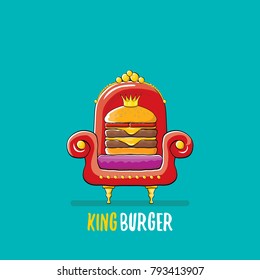 vector cartoon royal king burger with cheese and golden crown sitting on the throne. Gourmet burger, hamburger, cheeseburger label design element. burger house logo menu concept
