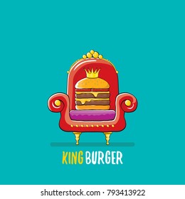 vector cartoon royal king burger with cheese and golden crown sitting on the throne. Gourmet burger, hamburger, cheeseburger label design element. burger house logo menu concept
