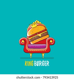 vector cartoon royal king burger with cheese and golden crown sitting on the throne. Gourmet burger, hamburger, cheeseburger label design element. burger house logo menu concept