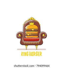 vector cartoon royal king burger with cheese and golden crown sitting on the brown throne isolated on white. burger, hamburger, cheeseburger label design element. burger house logo menu concept