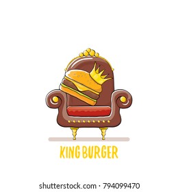 vector cartoon royal king burger with cheese and golden crown sitting on the brown throne isolated on white. burger, hamburger, cheeseburger label design element. burger house logo menu concept