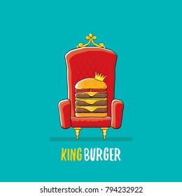 vector cartoon royal king burger with cheese and golden crown sitting on the throne. Gourmet burger, hamburger, cheeseburger label design element. burger house logo menu concept