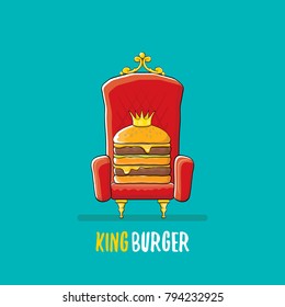 vector cartoon royal king burger with cheese and golden crown sitting on the throne. Gourmet burger, hamburger, cheeseburger label design element. burger house logo menu concept