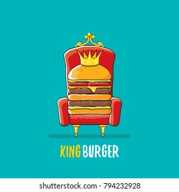 vector cartoon royal king burger with cheese and golden crown sitting on the throne. Gourmet burger, hamburger, cheeseburger label design element. burger house logo menu concept