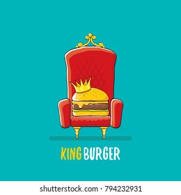 vector cartoon royal king burger with cheese and golden crown sitting on the throne. Gourmet burger, hamburger, cheeseburger label design element. burger house logo menu concept
