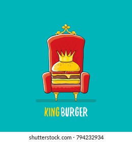 vector cartoon royal king burger with cheese and golden crown sitting on the throne. Gourmet burger, hamburger, cheeseburger label design element. burger house logo menu concept