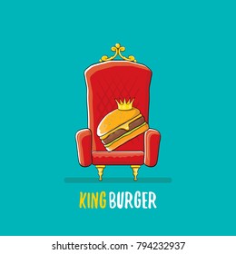 vector cartoon royal king burger with cheese and golden crown sitting on the throne. Gourmet burger, hamburger, cheeseburger label design element. burger house logo menu concept