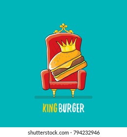 vector cartoon royal king burger with cheese and golden crown sitting on the throne. Gourmet burger, hamburger, cheeseburger label design element. burger house logo menu concept