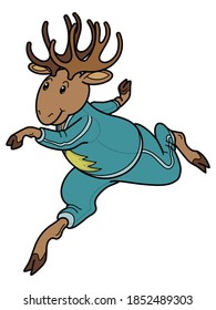 Vector cartoon running Elk in turquoise sportwear with fir-tree, isolated Moose in the transparent background