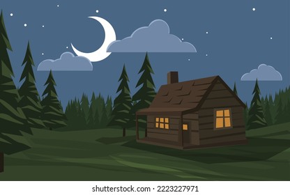 Vector cartoon rural countryside night landscape with house, moon and clouds