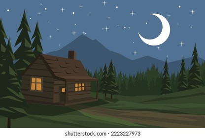 Vector cartoon rural countryside night landscape with house, moon and stars