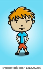 Vector cartoon sad little boy isolated on Blue background