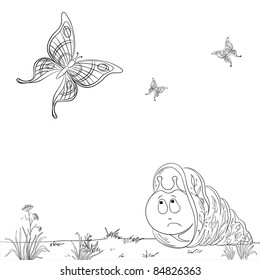 Vector cartoon, sad snail on a summer meadow looks at butterflies and dreams of flying, contours