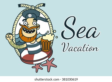 Vector cartoon sailor. Sea vacation greeting card