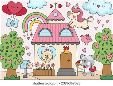 Vector cartoon Saint Valentine day scene with cat family, unicorn, rainbow, house. Cute kawaii colored outlined illustration with love concept. Garden landscape with hearts. Icon for kids
