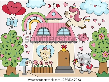Vector cartoon Saint Valentine day scene with cat family, unicorn, rainbow, house. Cute kawaii colored outlined illustration with love concept. Garden landscape with hearts. Icon for kids
