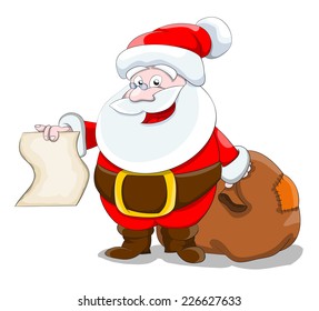 Vector cartoon santa with bag of presents isolated on white 