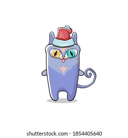 Vector cartoon Santa Claus cat character with red Santa hat isolated on white background. Funny Christmas kids poster or print design template.