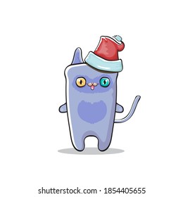 Vector cartoon Santa Claus cat character with red Santa hat isolated on white background. Funny Christmas kids poster or print design template.