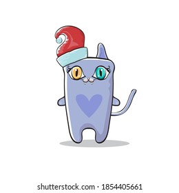 Vector cartoon Santa Claus cat character with red Santa hat isolated on white background. Funny Christmas kids poster or print design template.