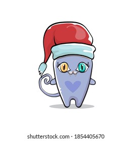 Vector cartoon Santa Claus cat character with red Santa hat isolated on white background. Funny Christmas kids poster or print design template.