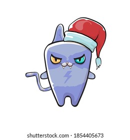 Vector cartoon Santa Claus cat character with red Santa hat isolated on white background. Funny Christmas kids poster or print design template.