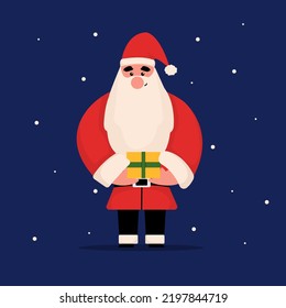 Vector cartoon of Santa Claus character holding gift box , isolated on dark blue background.